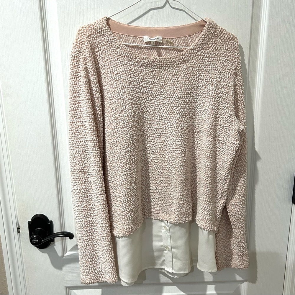 Calvin Klein Blush Pink Women Nubby Shirt Tail Textured Sweater M